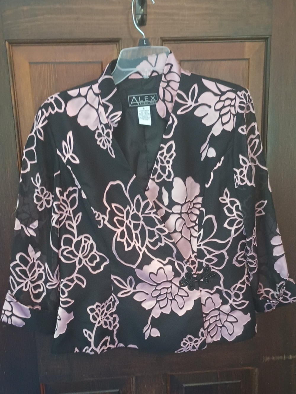 Alex Evenings Black Jacket with Pale Pink Floral Design, Sheer 3/4 Sleeves
